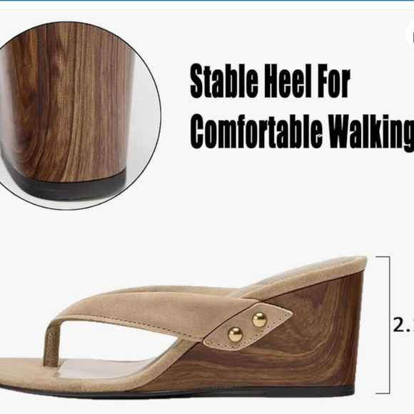 NEW ZARA Faux Suede Beige Wooden Wedge Flip Flops Toe Slip-On Comfort Foam 8.5 - Picture 4 of 6